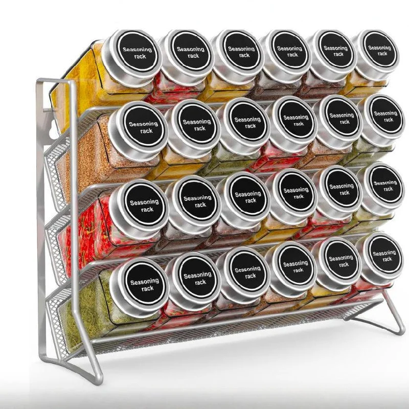 Silver wire kitchen storage rack cabinet four-layer spice rack punched spice bottle storage storage rack spice rack