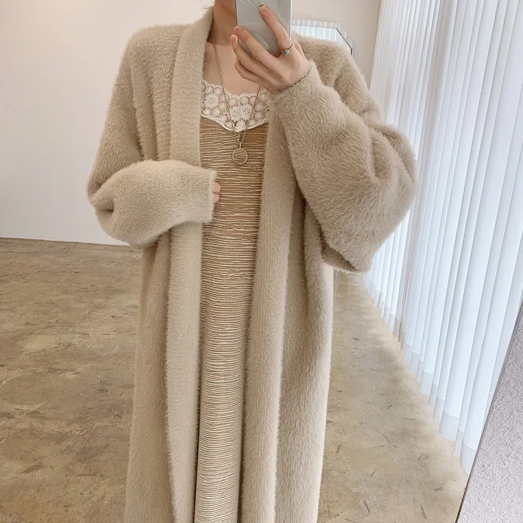 

Korean Solid Long Woman Cashmere Cardigan Coat Sweet Fluffy Long Sleeve Sweater Winter Warm Loose Female Midi Knitted Clothing