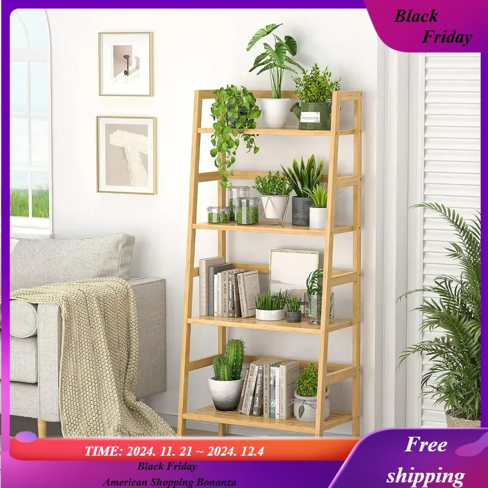 

Bamboo Bookshelf 4-Tier Ladder Shelf, 49.2” Freestanding Open Bookcase Book Shelf Bathroom Storage