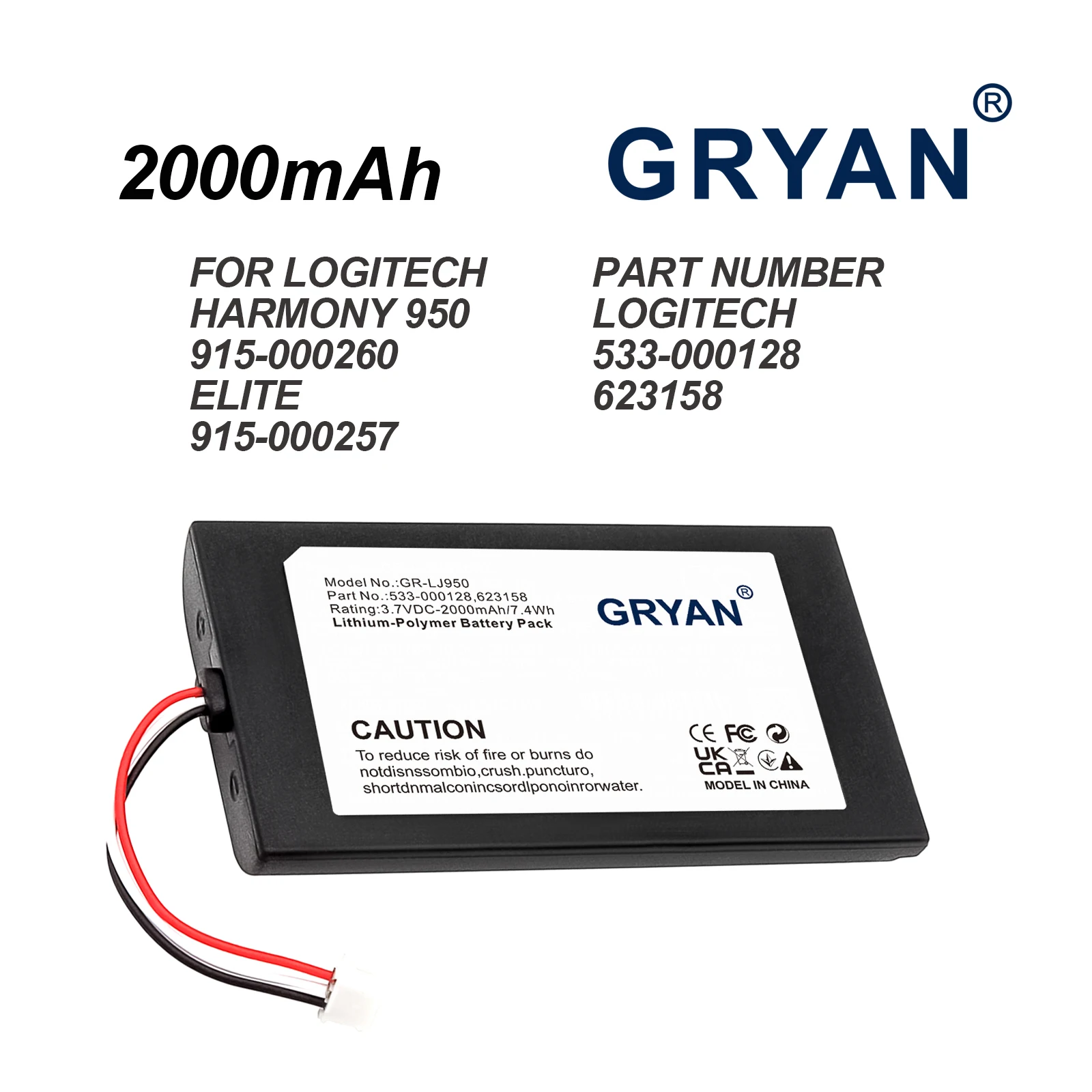

GRYAN 2000mAh Replacement Battery for Logitech 915-000257 915-000260 Elite Harmony 950 533-000128 623158