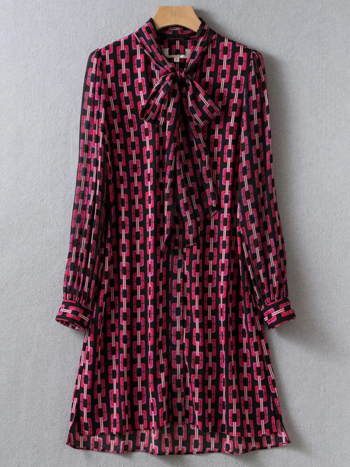 

Chiffon Wine Red Ribbons Chain Printed Mini Dress XS-XL
