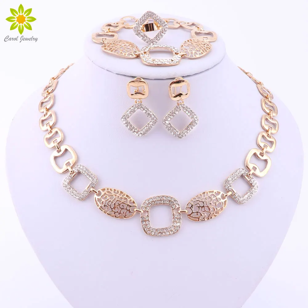 Wedding African Beads Jewelry Sets Collar Necklace Earrings Bracelet Fine Ring For Women Gold Color Party Accessories