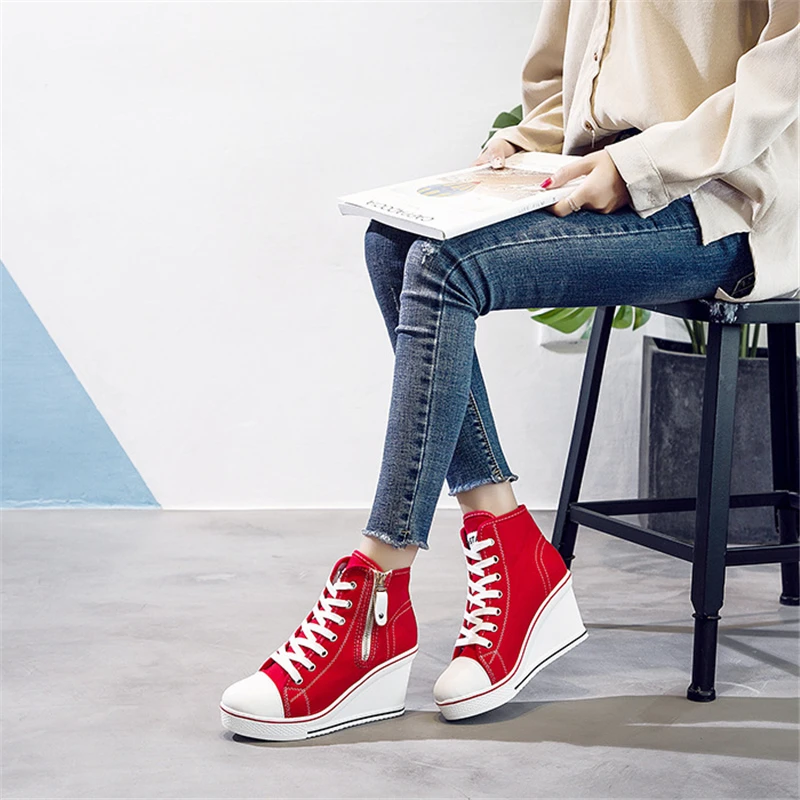 Spring and autumn new high -top bandage high -heeled canvas shoes loose bottom slopes thick leisure large size women's shoes