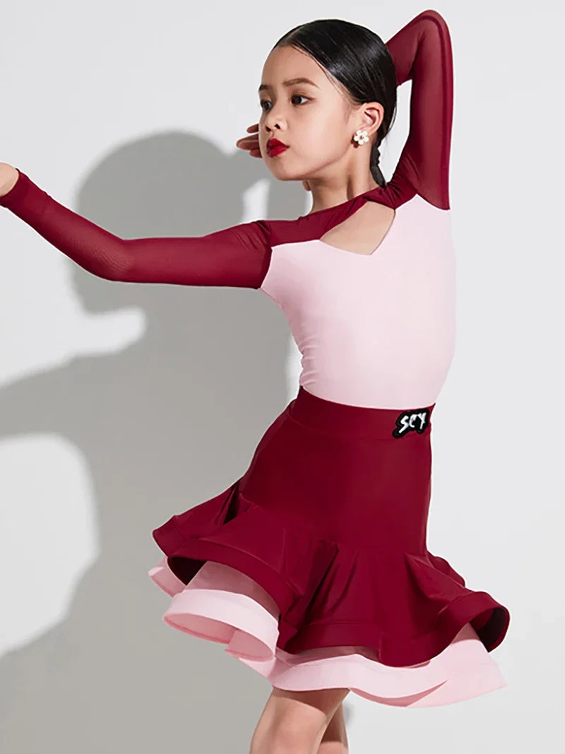 

Red Long Sleeve Mesh Latin Dance Big Skirt Hem Dress Girls Kids Bodysuit with Skirt Practice Performance Set Dancewear Costumes