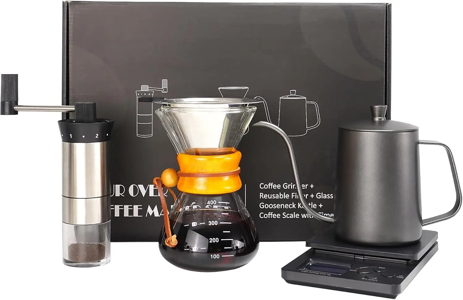 

Complete Pour Over Coffee Maker Set with Kettle, Grinder, Scale & Filter - Ideal Gift for Coffee Lovers