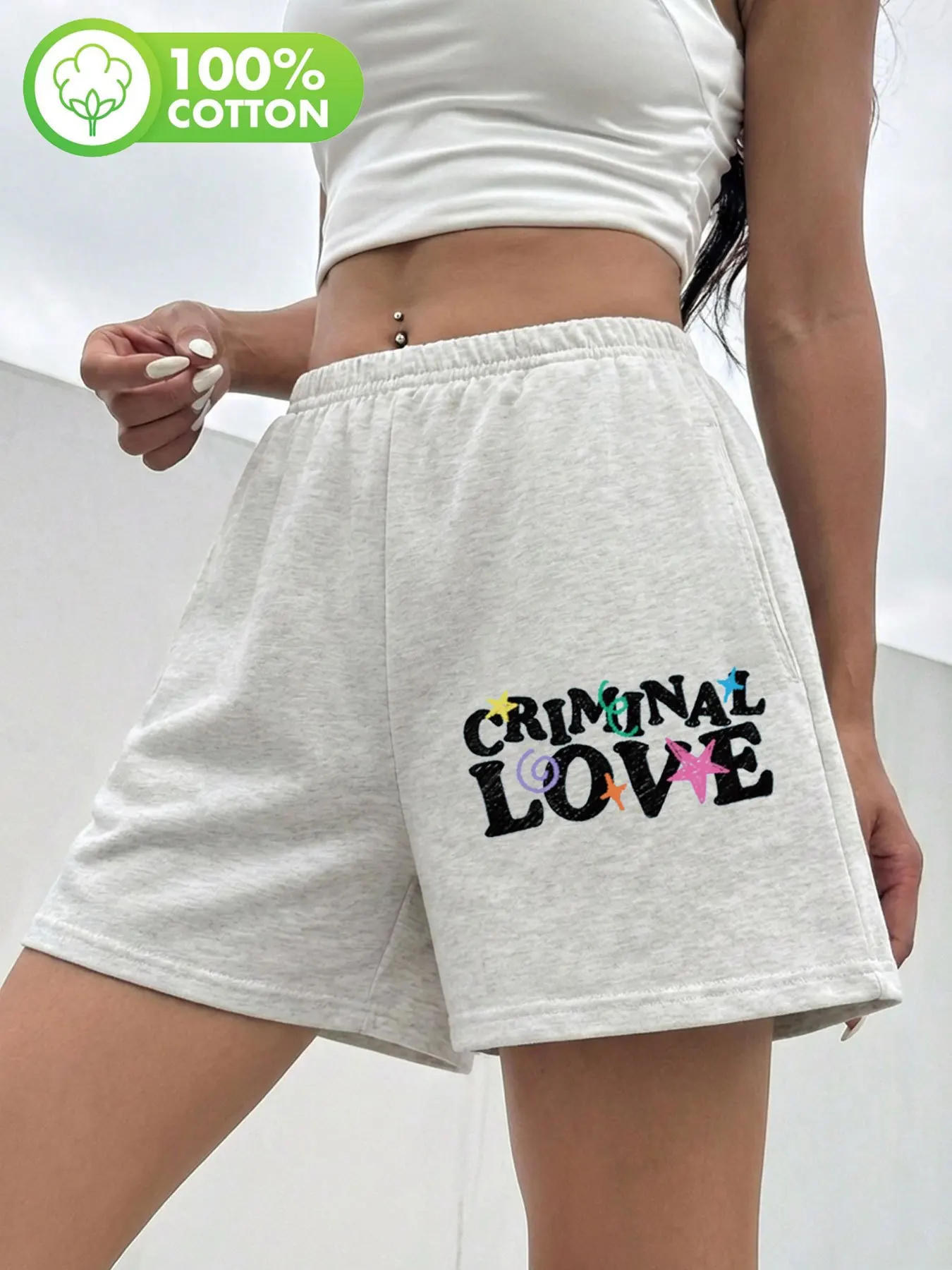 

Женские повседневные шорты в стиле граффити с принтом звезд и надписей CRIMINAL LOVE, хлопковые, свободного кроя, с высокой талией, универсальные