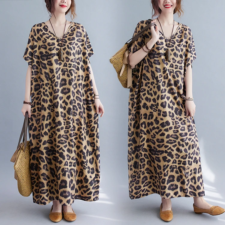 

V-Ne Casual Leopard Print Maxi Dr Soft Quali Knee-Length Robe Sle Loose Fit Polyester Cotton Blend Summer Dr