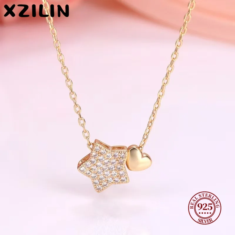 

XZiLin Real 925 Sterling Silver Necklace Sweet Star Heart Pendant 18k Necklace For Women Wedding Statement Fine Jewelry