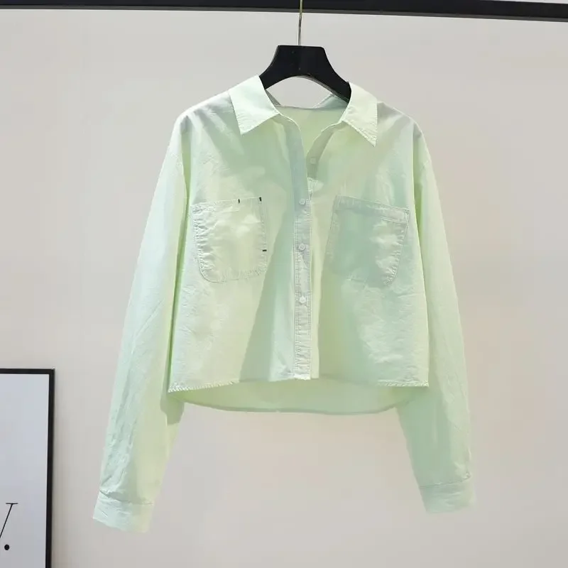 

Green Short Shirt Women's Double Pocket Loose Long Sleeved Shirt Spring/summer Long Sleeved Cotton Top XQ624