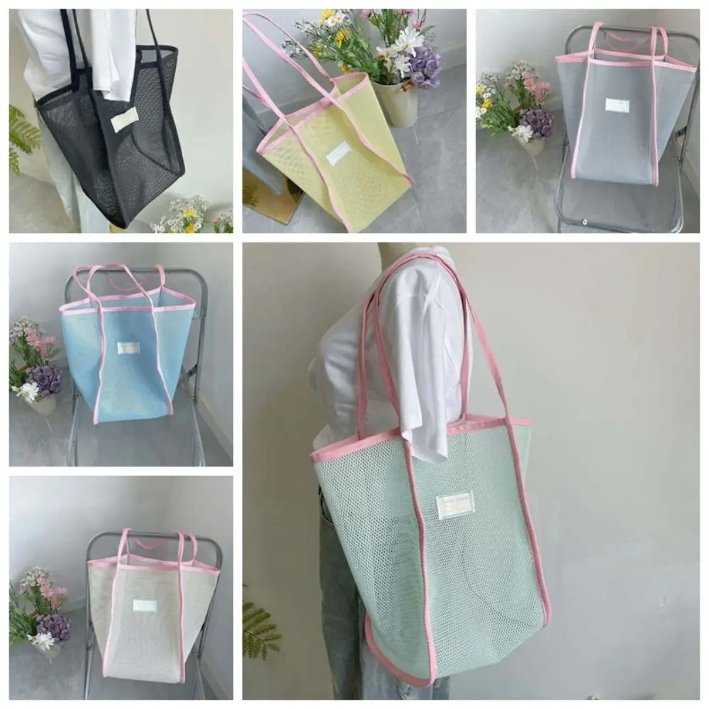 

Breathable Mesh Tote Bag Fluorescence Color Dopamine Beach Grid Handbag Portable Large Capycity Hollow Out Shoulder Pouch Beach