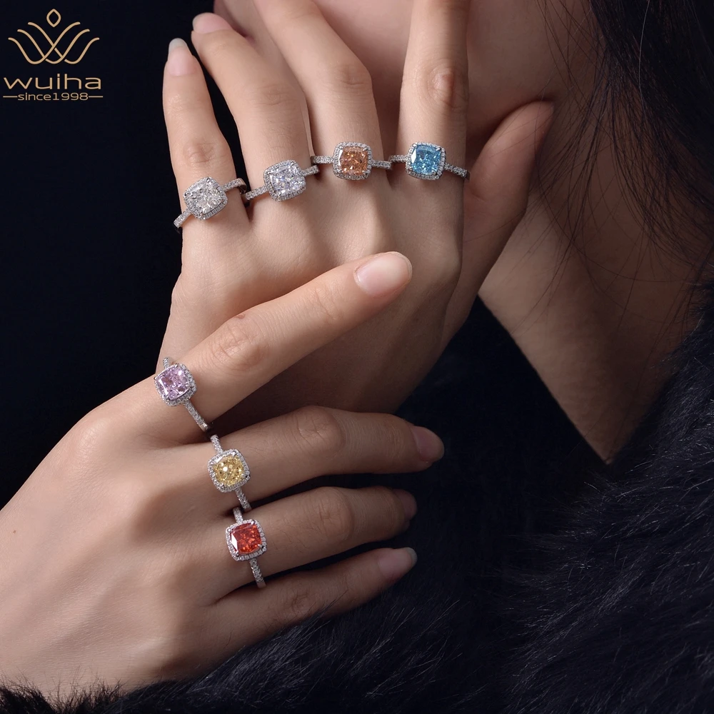 

WUIHA 925 Sterling Silver Cushion Cut 7*7MM VVS Colorful Gemstone Sapphire Created Moissanite Rings for Women Gift Drop Shipping