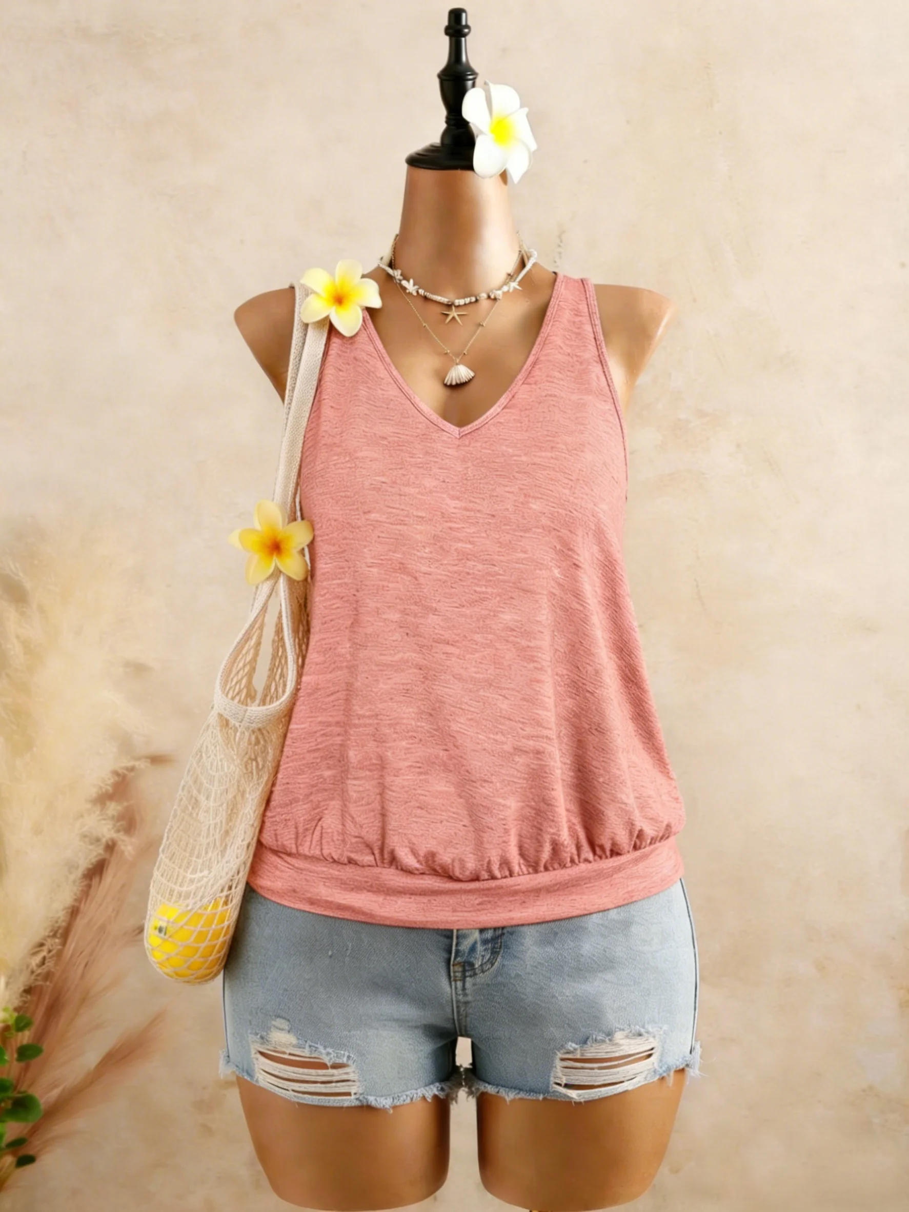 Women V Neck Wide Strap Tank Top Elastic Waist Blouson Hem Loose Fit Sleeveless Cami Top Y2K Casual Daily Basic Vest
