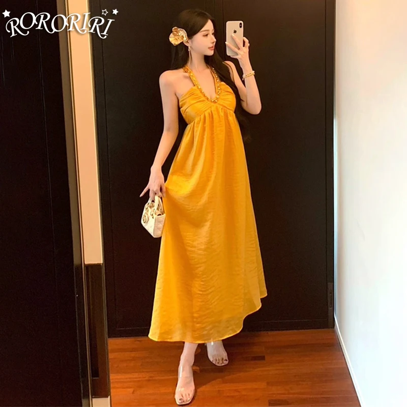 

RORORIRI длинное платье с лямкой на шее и бриллиантами, женское длинное платье с открытыми плечами и открытой спиной, свободное трапециевидное цельное летнее праздничное платье