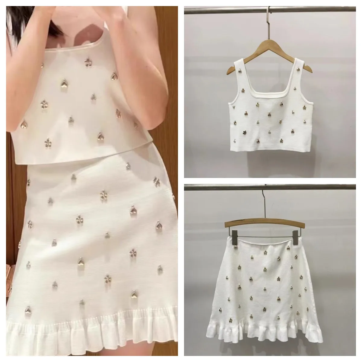 

Heart Shape Flowers Nail Drill Knitting Sweater Vest Ladies Sleeveless Tank Top or High Waist A-Line Ruffles Hem Mini Skirt