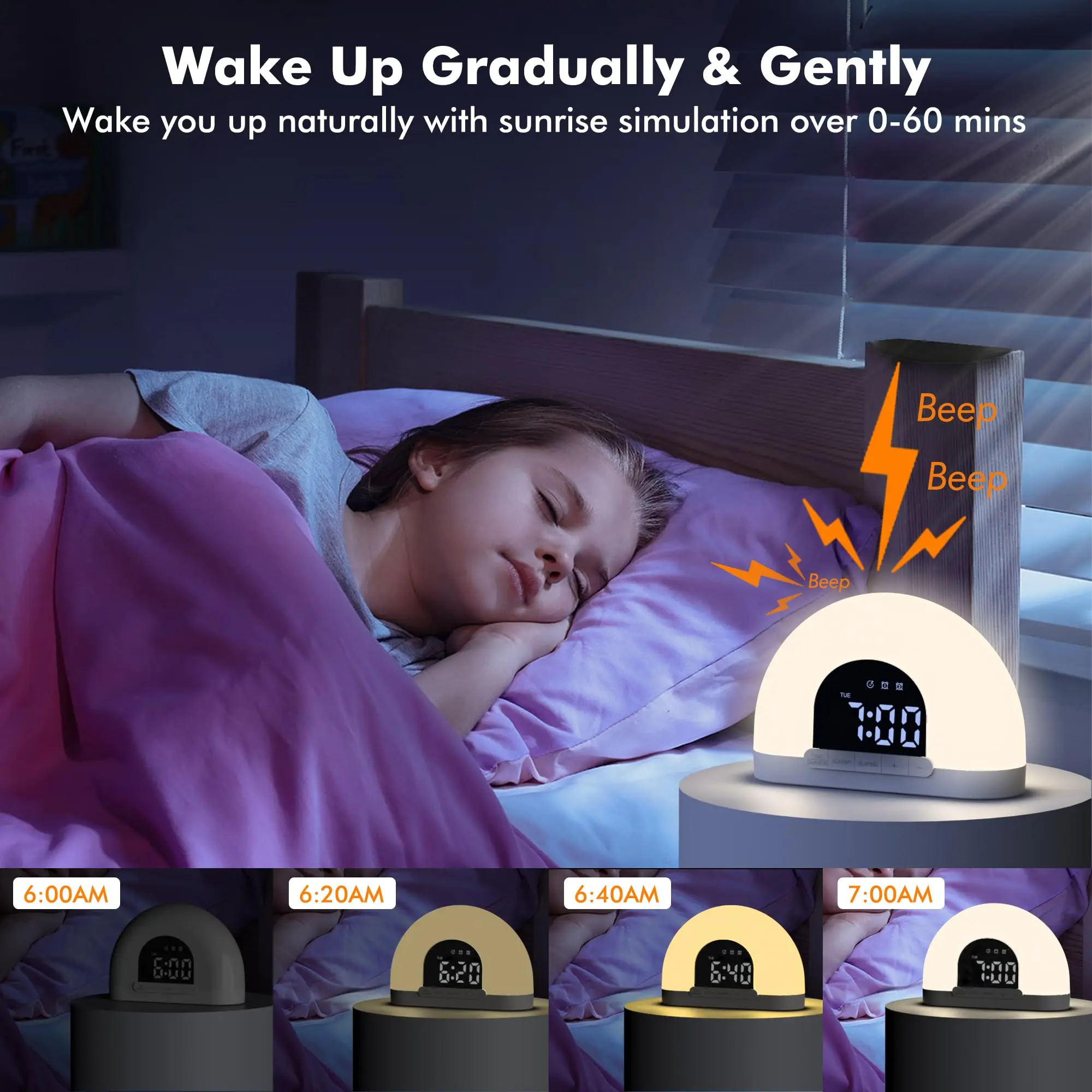 Sunrise Alarm Clock Wake Up Light for Bedrooms, Sunlight Alarm Clock for Kids Heavy Sleepers, Dual Alarm, Snooze, Night Light