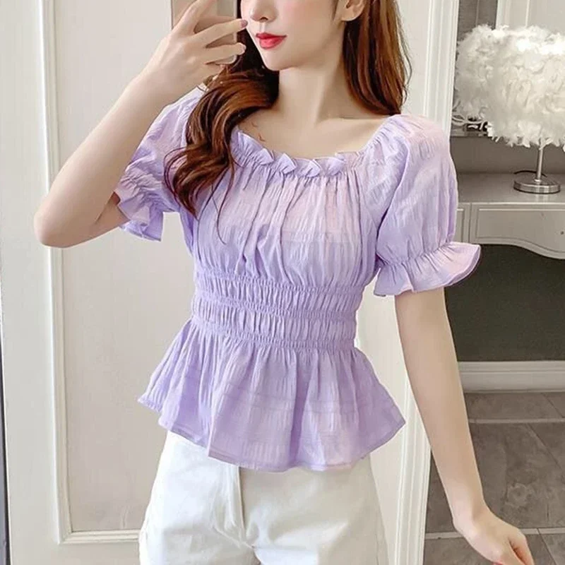 Vintage Summer Chiffon Blouses 2024 Fashion Off Shoulder Ruffles Casual Blusas Mujer Slim Purple Corset Puff Sleeve White Tops