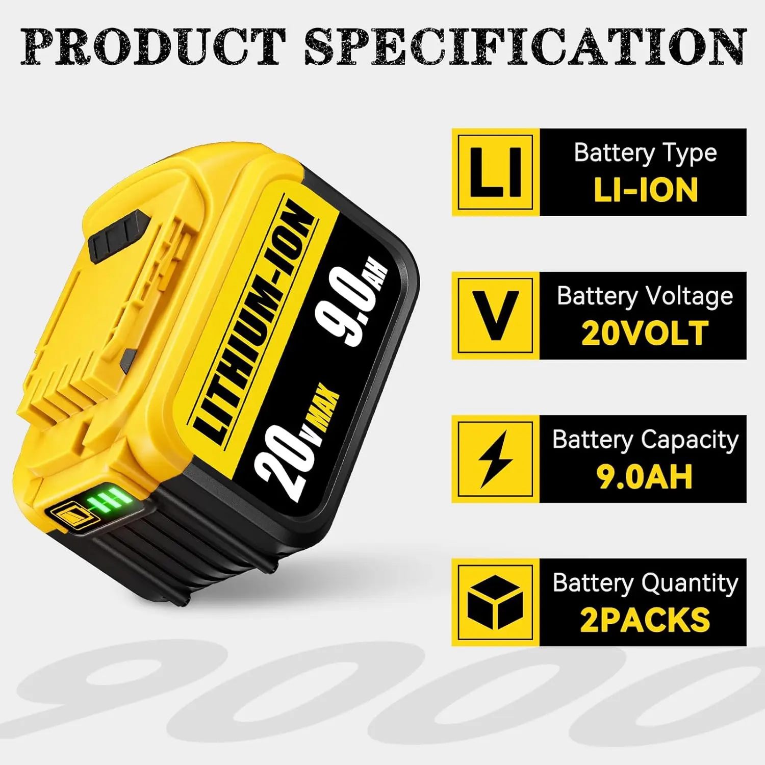 2Pack DCB200 9.0Ah 2Pack Battery Replacement for Dewalt 20V Max Battery Lithium Ion Compatible with Dewalt Battery DCB204 DCB206