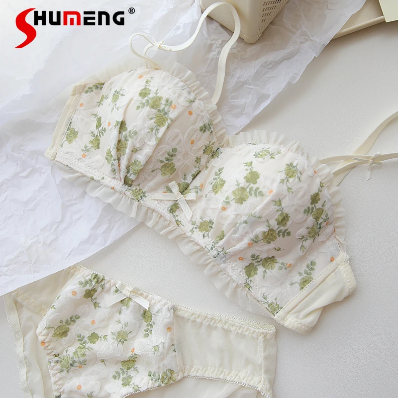 

Sweet Lace Floral Bra Half Cup Intimates Female Wireless Small Chest Push Up Bra Set Women's Printing Underwear Brief Suits