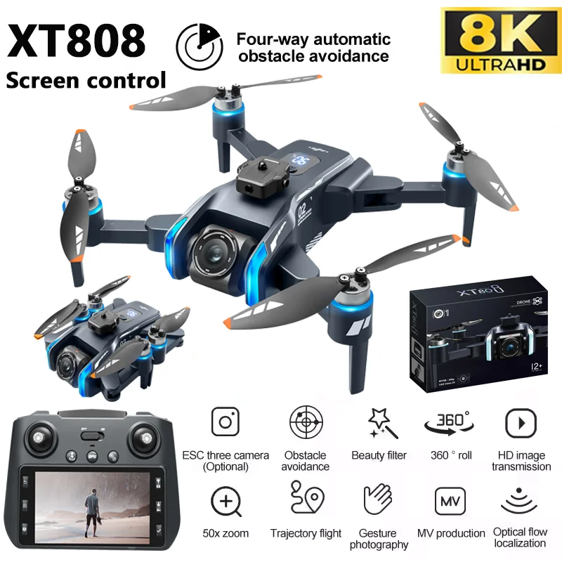 XT808 GPS RC Drones Professional 8K HD Light Flow Cameras Aerial 5G Brushless Avoiding Obstacle Large Screen Folding Quadcopters