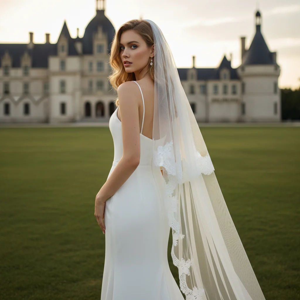 Bridal Cathedral Veil with Lace Trim Double Layer Wedding Veil Including Face Cover Hair Comb Accessories Voile Mariage Bride