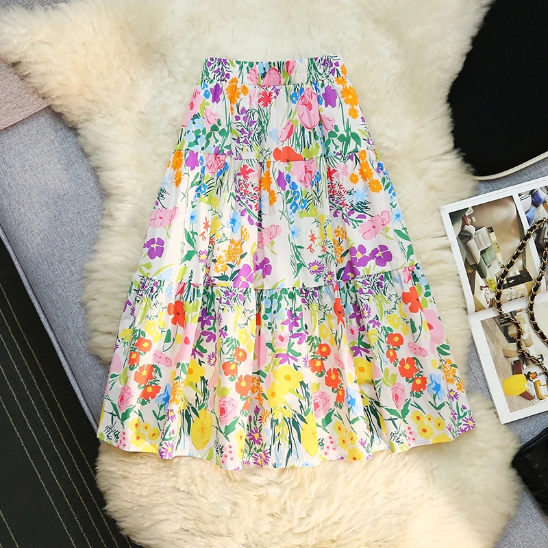 

Seoulish Summer Floral Printed Women's A-line Skirts 2025 New Summer Elegant High Waist Casual Loose Midi Skater Skirt Female