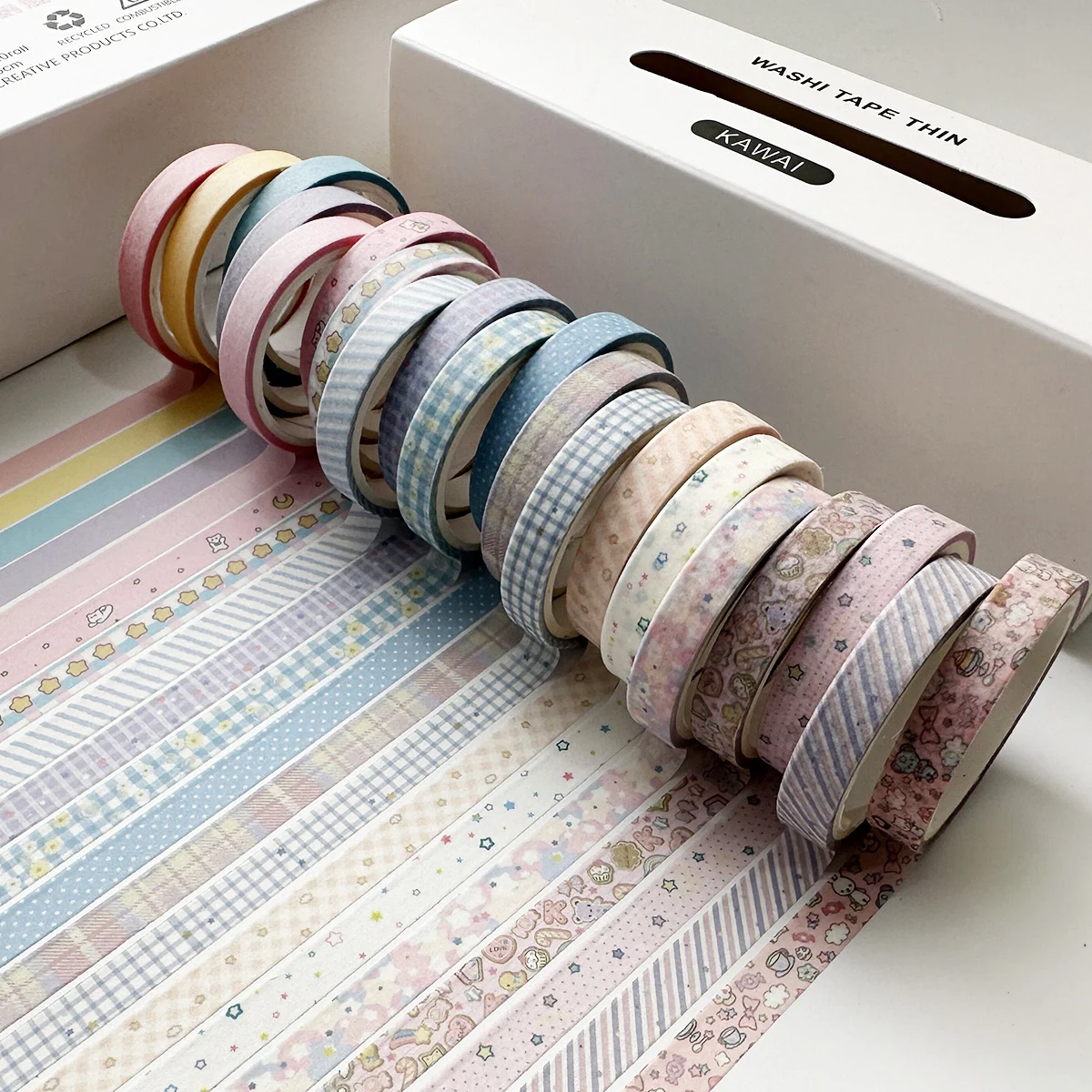 7mm*300cm 20 Rolls/box Split Thin Washi Tape Set Simple Pattern Decor Tape Creative DIY Journal Collage Material Stationery