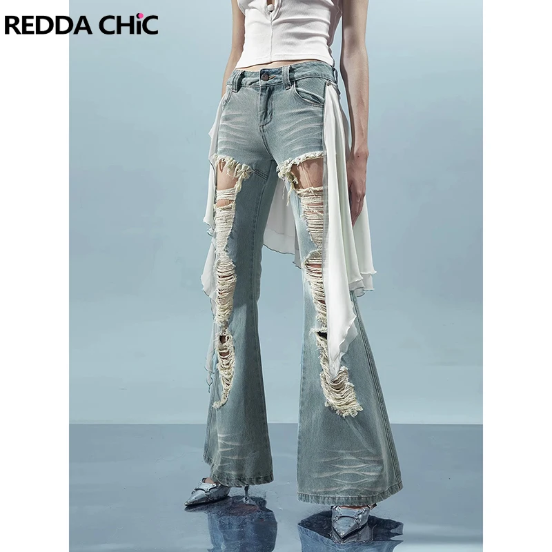 

REDDACHiC Разрушенные джинсы с прикрытием Легкие потертые усы Расклешенные свободные повседневные широкие брюки с низкой талией Корейская женская уличная одежда