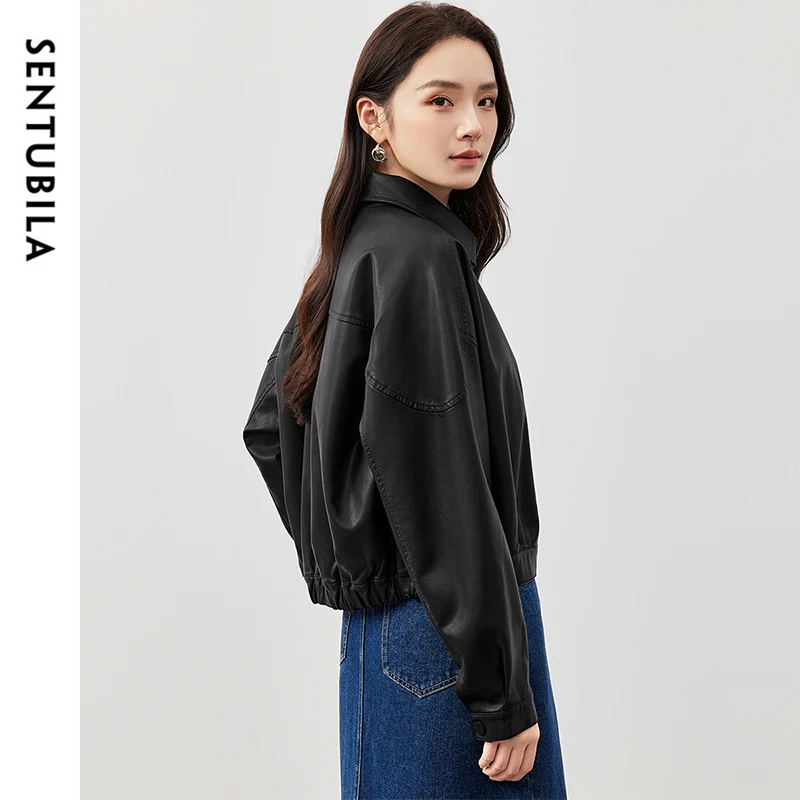 SENTUBILA Giacche in ecopelle Donna 2025 Primavera Autunno Nero Manica a goccia Crop Pu Giacca Donna Tuta sportiva Abbigliamento donna W51G58695
