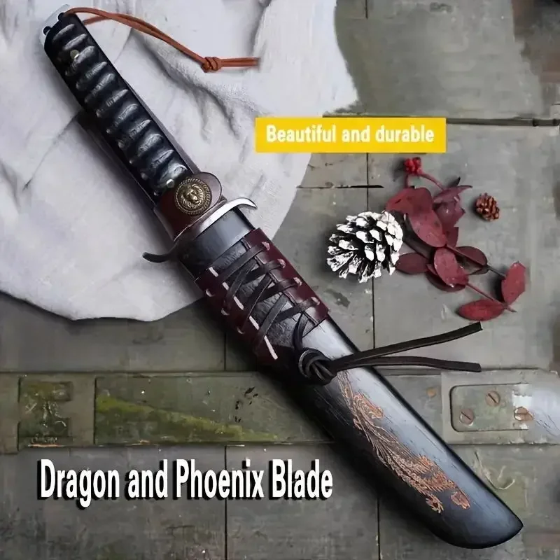 Japanese Style Dragon & Phoenix Samurai Straight Fixed Blade Knife D2 Tanto Blade Ebony Handle Tactical Kobun Military Knives