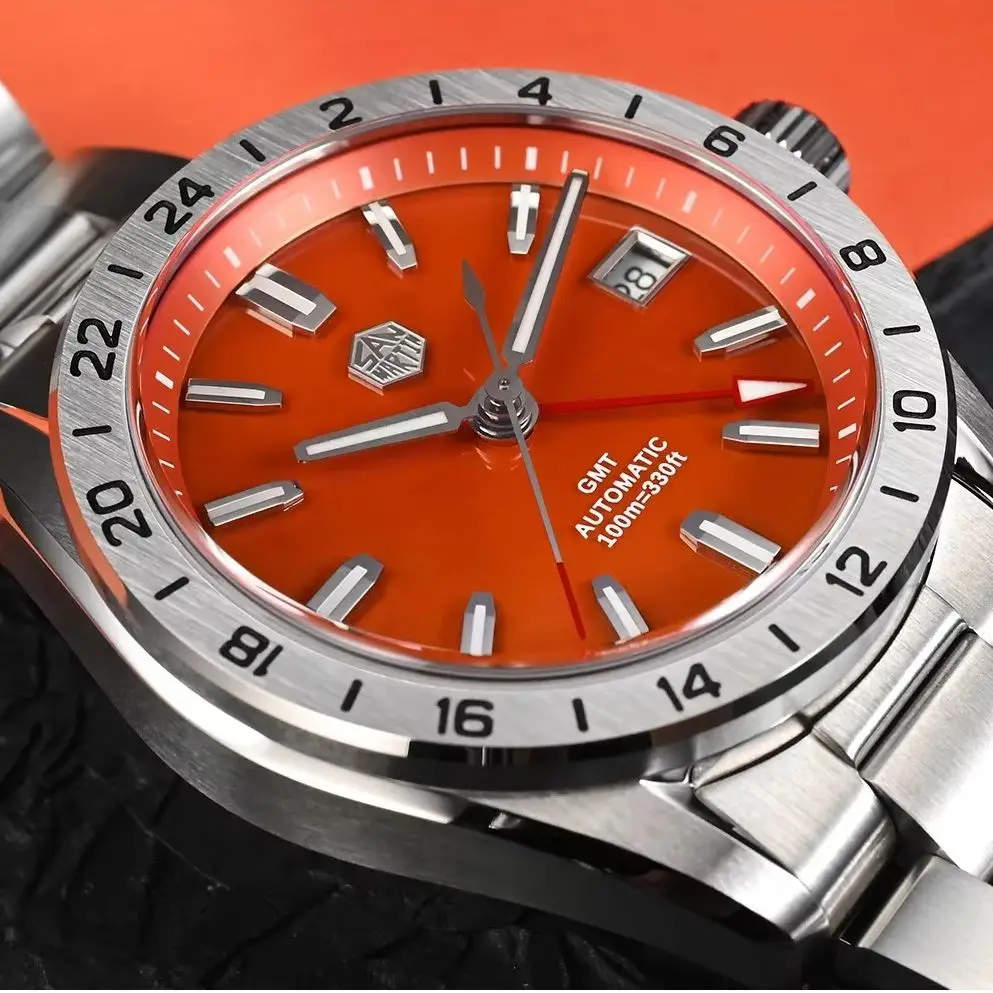 

San Martin Мужские часы GMT 39 мм Автоматические механические наручные часы 10ATM Светящийся сапфир NH34 Градиент Красный Агат Зеленый Нефритовый Камень