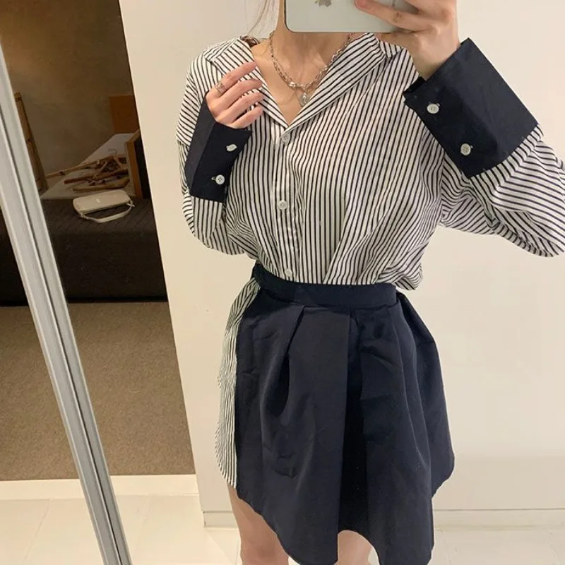 

Korea Chic Style Suit Women's Spring Pure Sexy Striped Shirt Lace-up Mini Skirt Two-piece Set Fashion Female Clothes