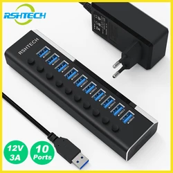 RSHTECH 10-Port Powered USB Hub with Individual On/Off Switches and 12V/3A Power Adapter USB Splitter Hub for Laptop Accessories