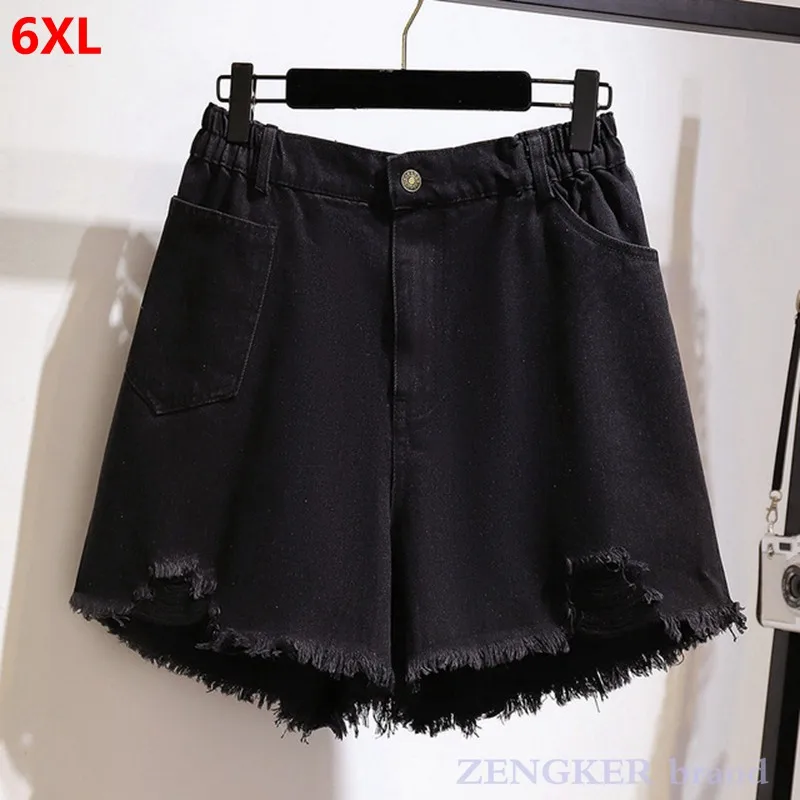 women\'s summer high-waist straight wide-leg shorts loose ripped raw edge denim shorts plus size clothing for women 4xl 5xl 6xl