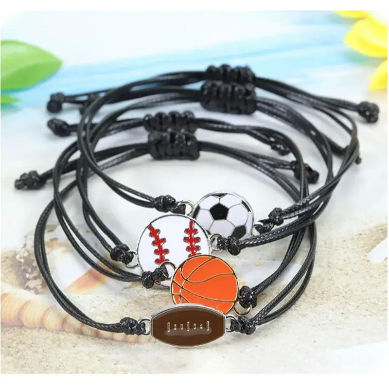 عارضة كرة السلة كرة القدم سحر سوار المرأة السوداء اليدوية المنسوجة حبل مجوهرات الفتيات الرياضة البيسبول الرجبي أساور بالجملة