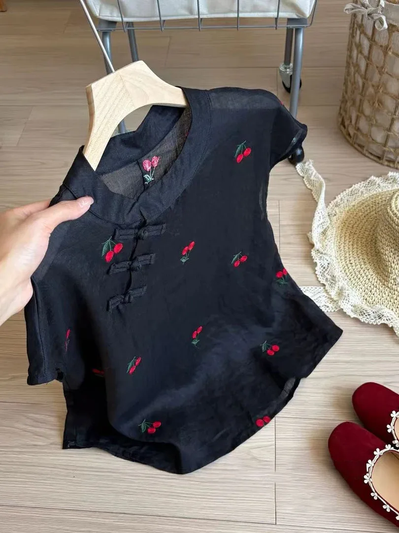 

plus Size Women's Summer Shirt Embroidered Hemp Short Sleeve Button up Korean Style Loose Fit round Neck A-Line Skirt