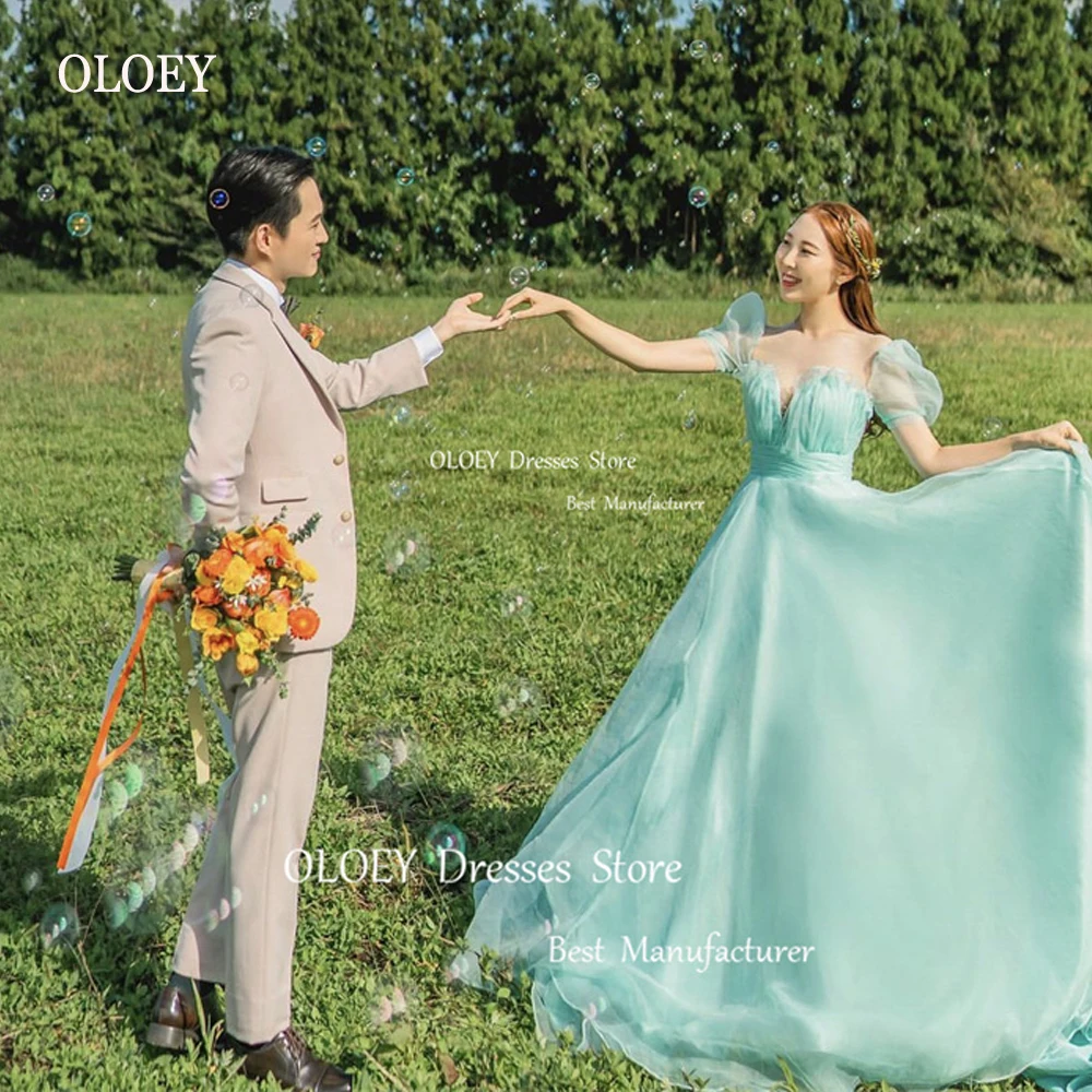 Oloey fada hortelã verde organza uma linha vestidos de baile de formatura coreia senhora puff mangas curtas vestidos de noite personalizado casamento photoshoot