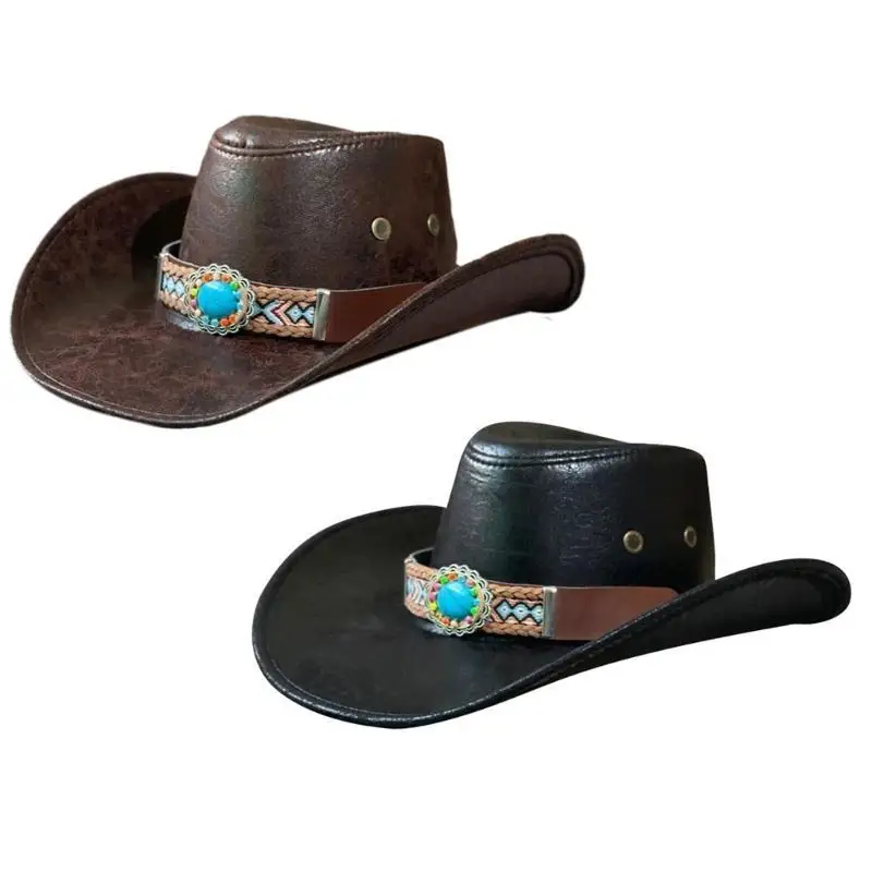 

652F Handmade Cowboy Hat with Ethnic Belt Wide Brim Cowboy Hat for Dress up