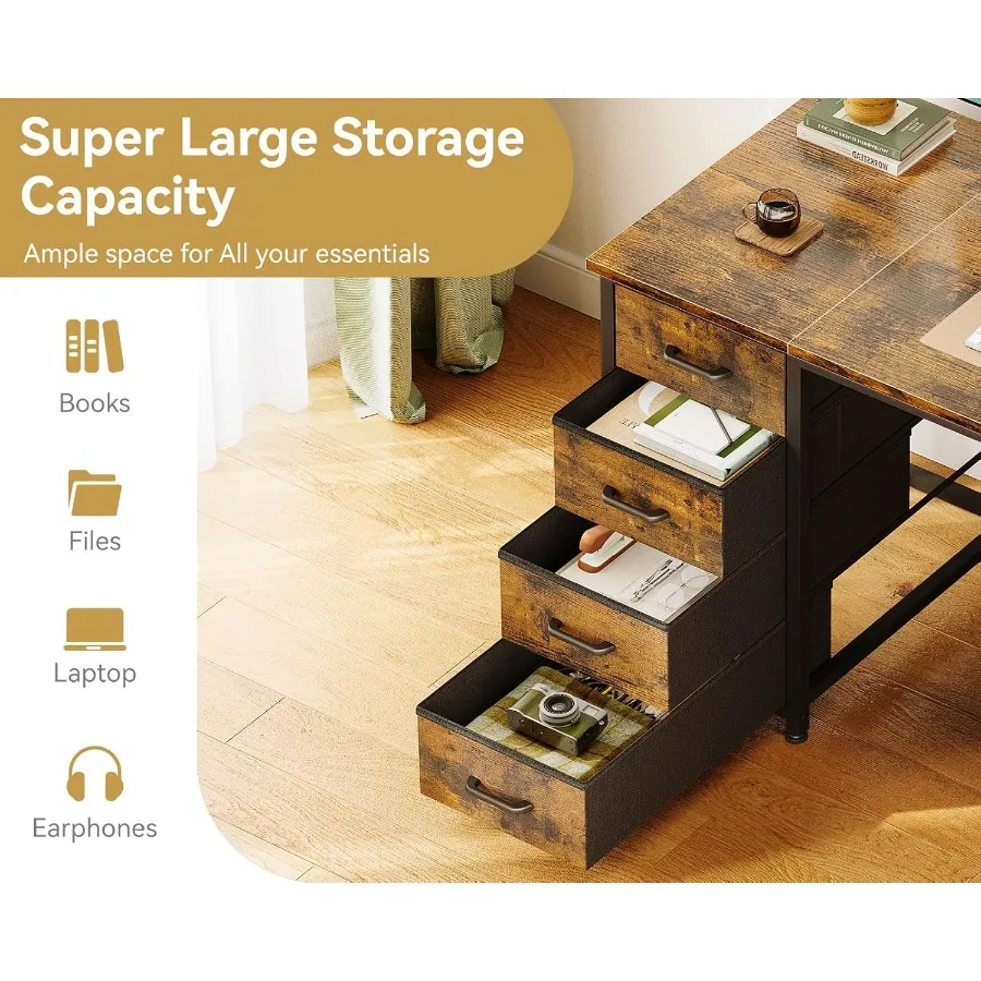 مكتب كمبيوتر مقاس 55 بوصة مع 8 أدراج قماش لدراسة المكاتب المنزلية الحديثة وإعداد الألعاب يتميز بسعة تخزين كبيرة و #4