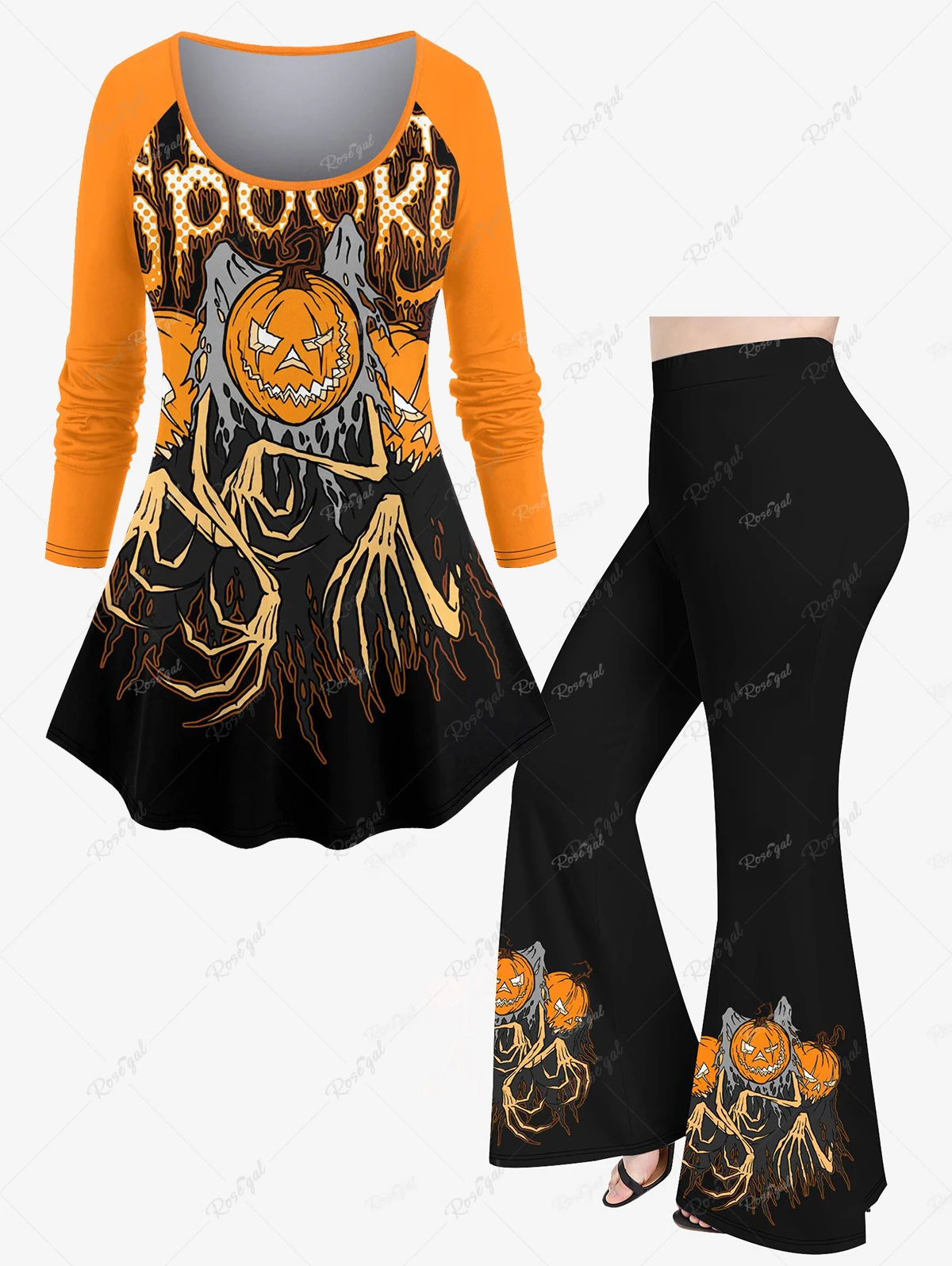 Plus Size Halloween Wizard Bat Pumpkin Cake Skeleton Hands Rag Printed Raglan Sleeves T-shirt Or Flare Pants Casual Matching Set