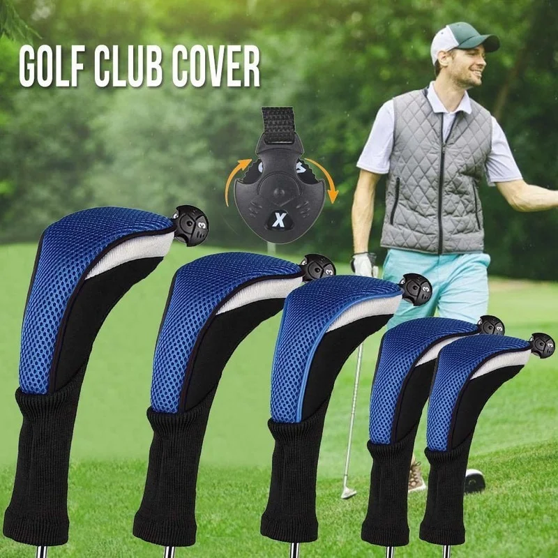 5Pcs/Set Long Neck Golf Club Head Covers for Woods Driver Fairway Hybrid 1 3 5 Interchangeable Number Tag Fit All Wood Clubs