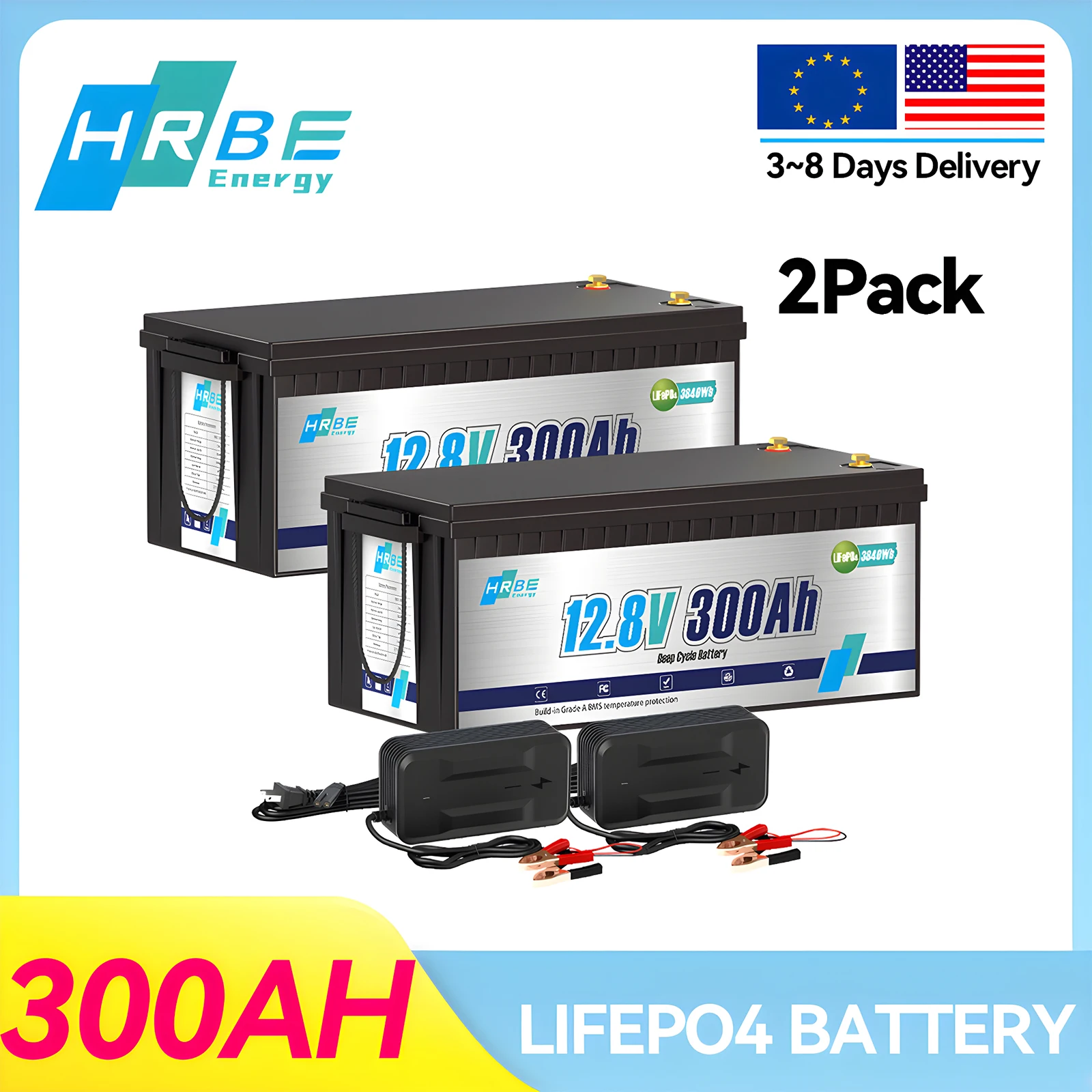HRBEEnergy, 2 шт., литиевая батарея LiFePO4 12 В, 300 Ач со встроенными BMS, 6000 циклов, для систем солнечной энергии, автофургона, кемпинга, автономной сети