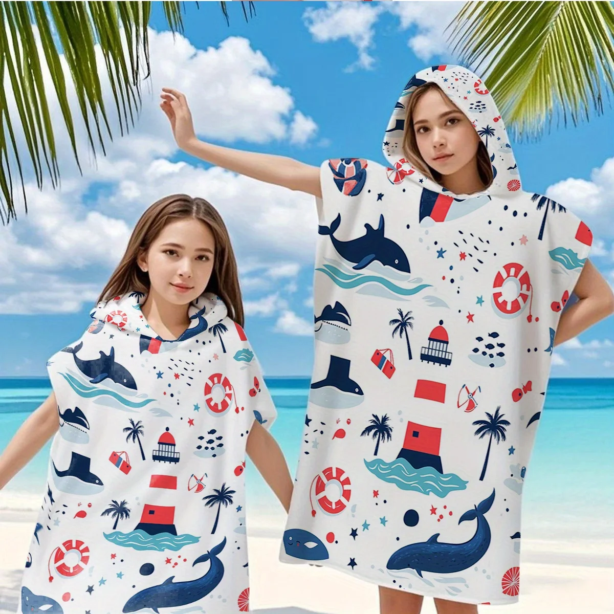 Cartoon Ocean Kapuzen-Strandtuch aus Mikrofaser, weich, schnell trocknend, Badetuch, Robe, perfektes Geschenk für Kinder