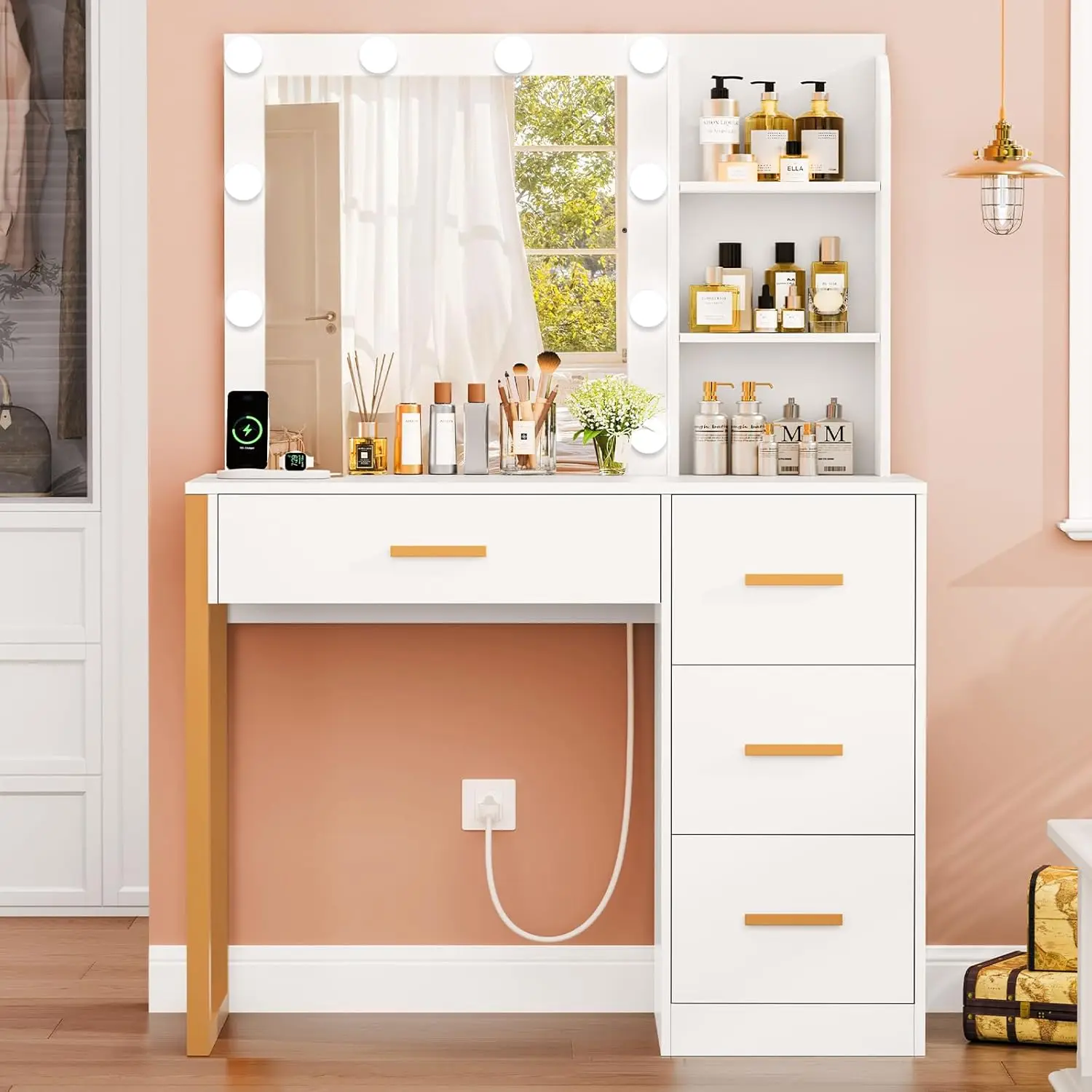 

Vanity Desk with Mirror and Lights, Makeup Vanity with 4 Drawers & Power Outlet, Vanity Makeup Table with 4 Open Shelves