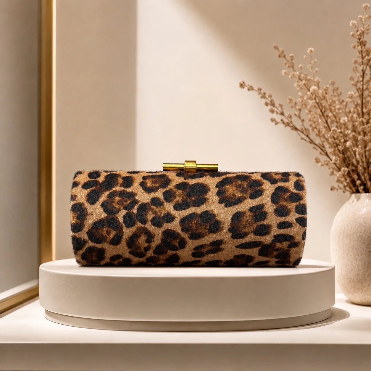 Cross-Border round Cylinder Leopard Print Fur Handbag Shoulder Slung Evening Lady Bag Velvet Material Chain Element Handheld