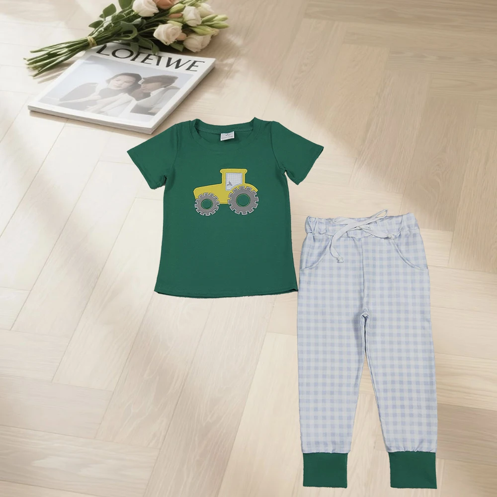 

12.3 Embroidery Golf Truck Baby Boys Top Checked Pockets Leggings Clothes Sets
