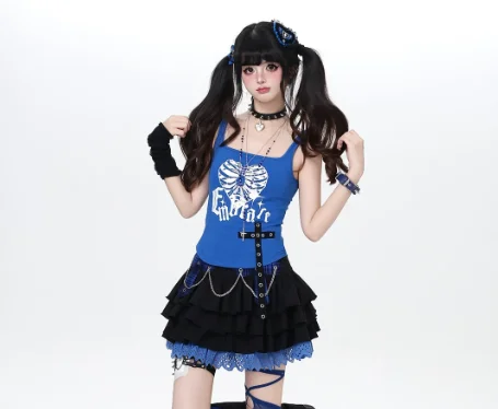 Summer Sub-culture Sweet Cool Girl Chain Cake Skirts Fashion High Waist A-line Versatile Age-reducing Personalized Short Skirt