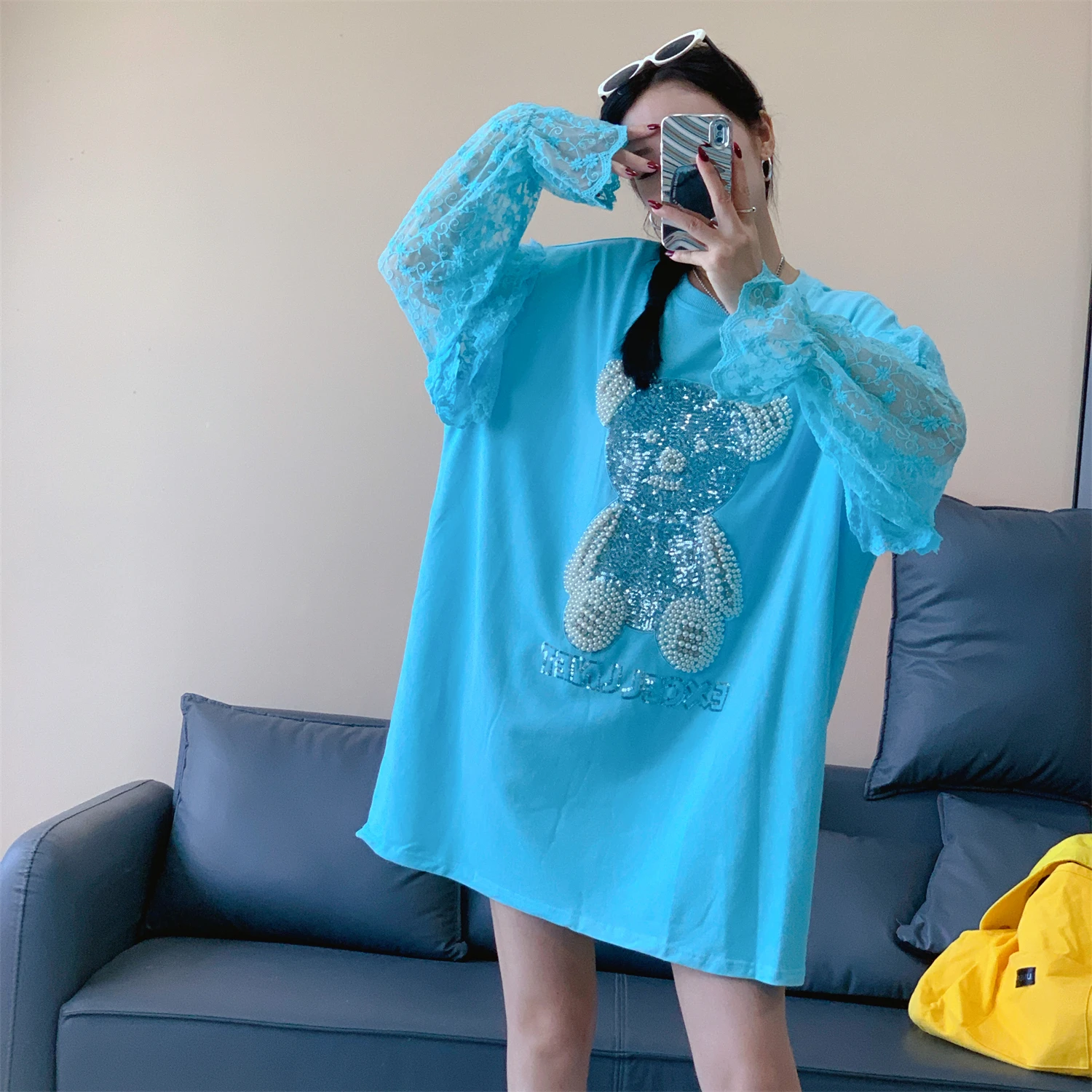 Korean Style Lace Patchwork Flared Long Sleeve Sequin Top Autumn Mid-Length Cartoon Sweatshirt for Women Anime Hoodie Sweatshirt