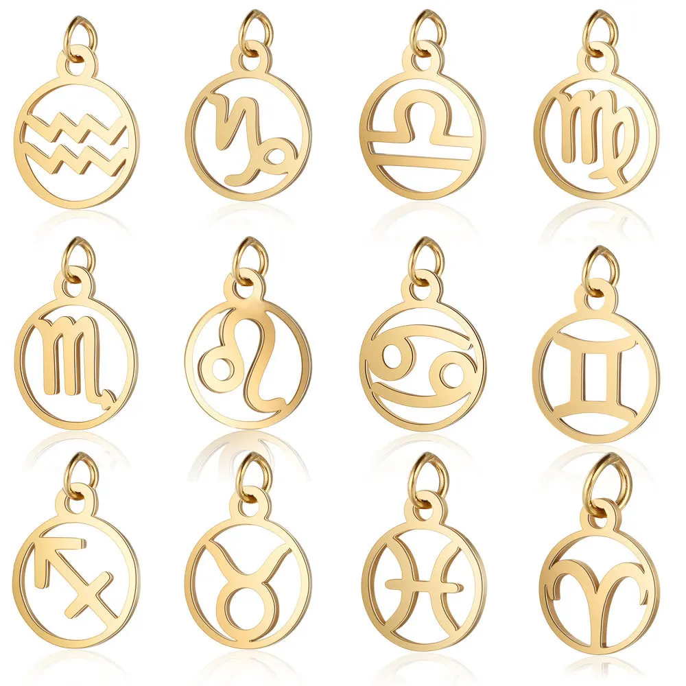 12Pcs/Lot 12mm Stainless Steel Mixed Zodiac Charms 12mm Mirror Polish Zodiac Signs Twelve Constellation DIY Jewelry Making