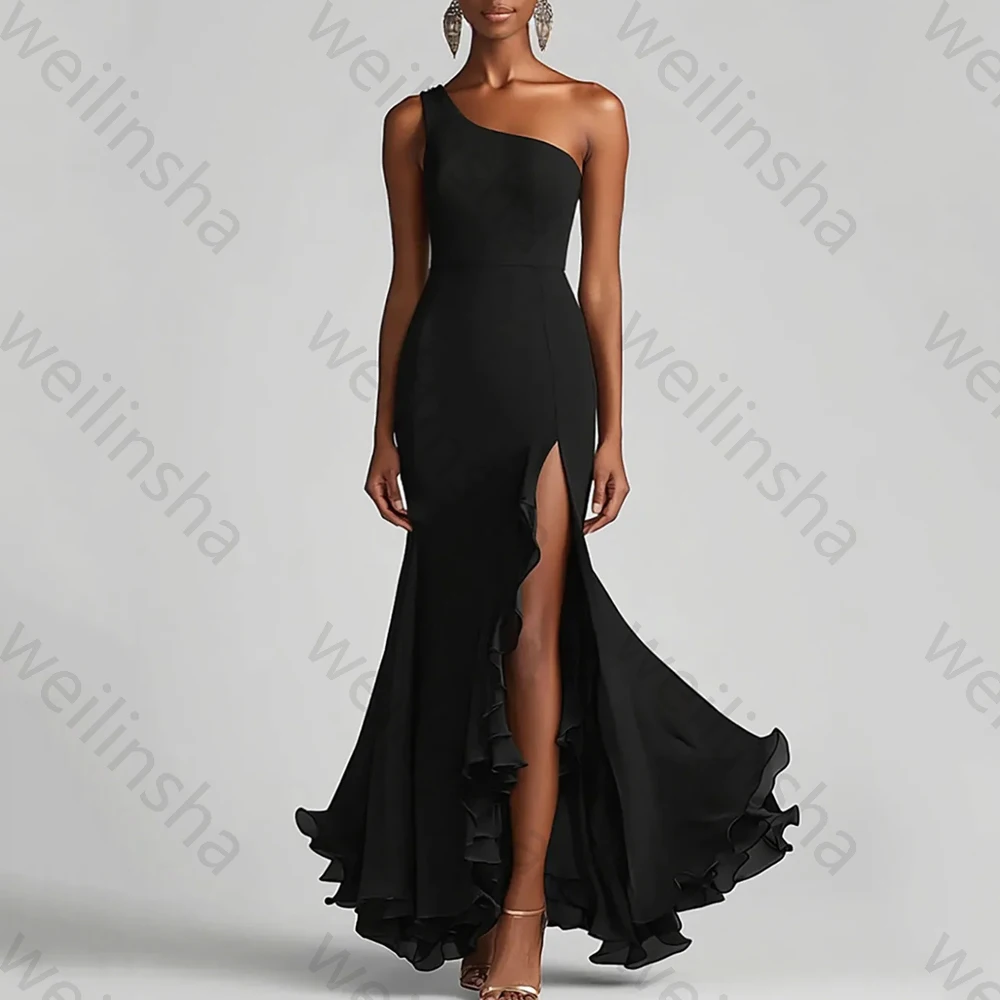 Zeemeermin een schouder chiffon avondjurken mouwloze ruches lange jurk prachtige hoge kwaliteit sexy prom feestjurk op maat