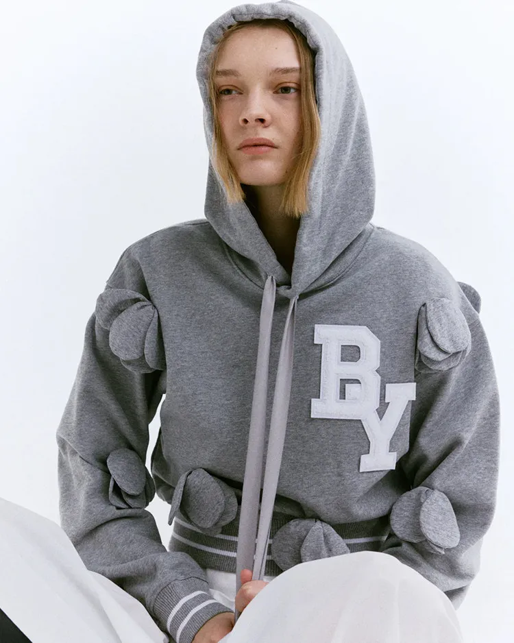 

2026 Japanese Fashion Cute Gray Casual Top Y2K Sweet Three-dimensional Petal Decoration Long-sleeved Short Loose Hooded Sweater
